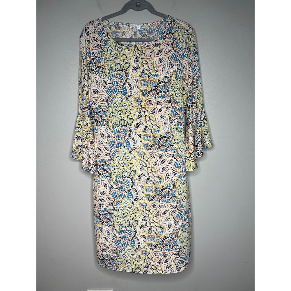 Olivia Matthews Womens XL Paisley Print Bell Sleeve Shift Dress Multi-Color Boho